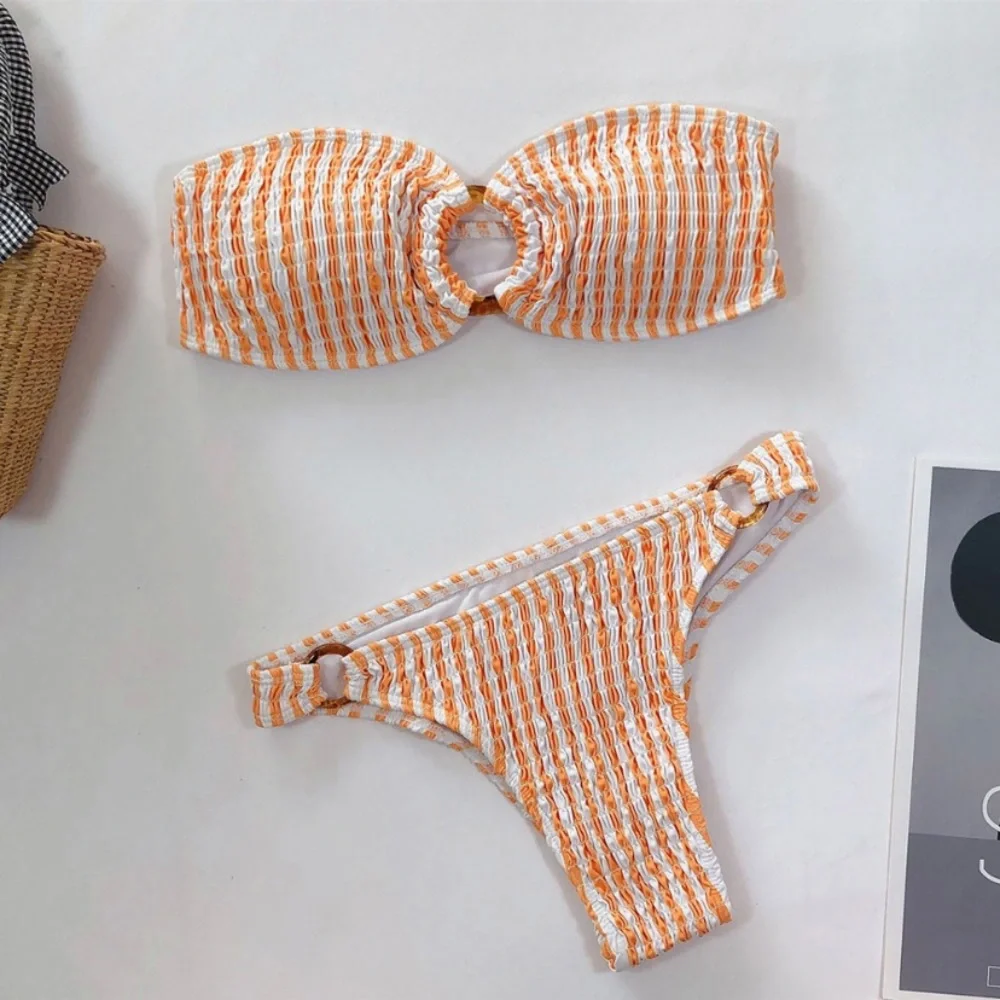 CLEARANCE Striped Elastic Smocked Strapless Bandeau Bikini - Picture 2 of 3